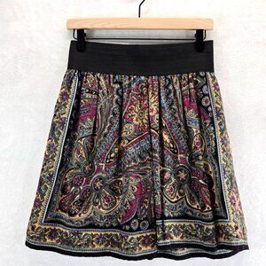 Boho Mini Skirt by Angie Sz M Floral 3" Black Stretch Waistband Hippie Gypsy